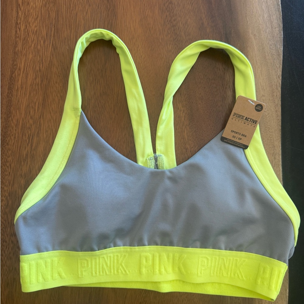 PINK Victoria's Secret Neon Yellow and Gray Racerback Sports Bra